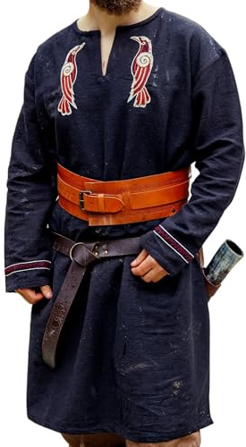 Leonardo Carbone® Wikinger Tunika Hugin & Munin - Mittelalter Kleidung Herren, Mittelalter Hemd, Freizeithemden Kurzarm, Karneval Kostüm, Wikinger Tunika, LARP-Kleidung - 100% Baumwolle Schwarz XXL
