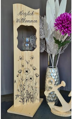 Holzaufsteller, Holz Deko Schild Holzschild Eingangsschild Blumenwiese mit Windlicht aus Glas, Geschenk, Weihnachten, Geburtstag