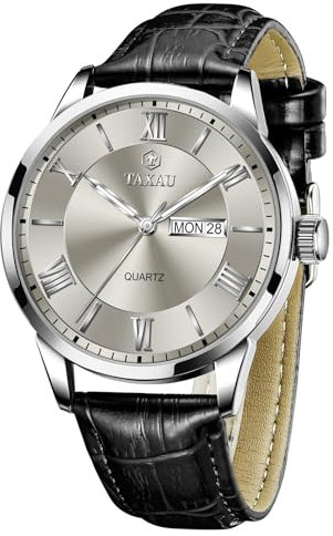 Taxau Herren Armbanduhr mit Lederband Herrenuhren Lederarmband Schwarz Analoge Quarzuhr für Herren mit Datum und Beleuchtung Geschäft Uhr Herren Leder Wasserdicht Geschenk Männer