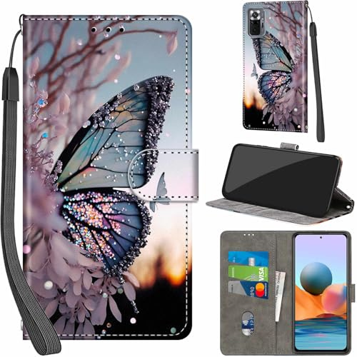 Handyhülle für Redmi Note 10 Pro Max Klapphülle Leder Wallet Schmetterling | 3 Kartenfächer & 1 Geldfach, Magnetverschluss, Ständerfunktion, robuste premium PU leder klapphülle für Redmi Note 10 Pro