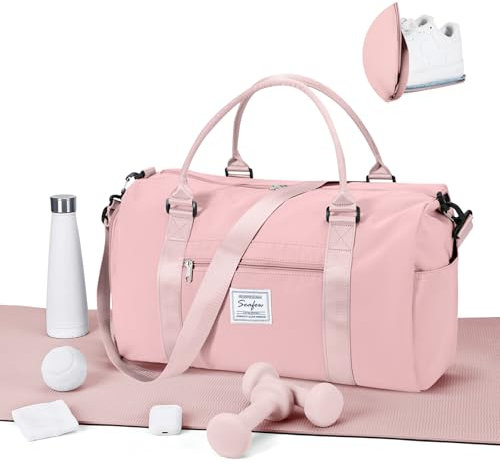 WEPLAN Sac de Sport Femme Homme Sac de Gym Léger Sac de Voyage avec Compartiment de Chaussures et Poche Humide Sacs de Sport Fitness Gym Duffle Bag Sac de Week-End Sac Polochon Piscine,Rose