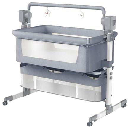 MoLi Beistellbett Baby mit Rollen, Convertible Faltbar Co-Sleeping Babybett, Stubenwagen Baby Kleinkind Wiege mit Musik, Fernbedienung und 5-schwankende Zahnräder (601 Mid Grey)