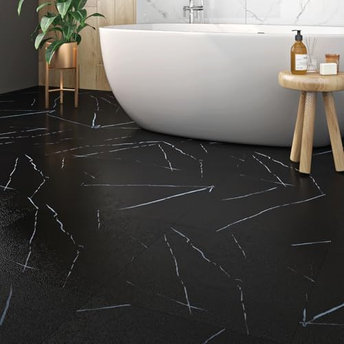 ReWallpaper Self Adhesive Floor Tile Stickers for Bathroom Marble 30 Pack Black Stick On Lino Floor Tiles Marble Flooring for Living Room Kitchen 30cmx30cm Sticky Vinyl Flooring Tiles Thick