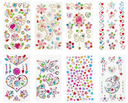 COYUN 8 Blätter Glitzersteine Selbstklebend, Aufkleben Zum Basteln, Gesicht Für Bastel-DIY, Strasssteine Glitzer Sticker, Mehrfarbig, Verschiedene Formen, Größen
