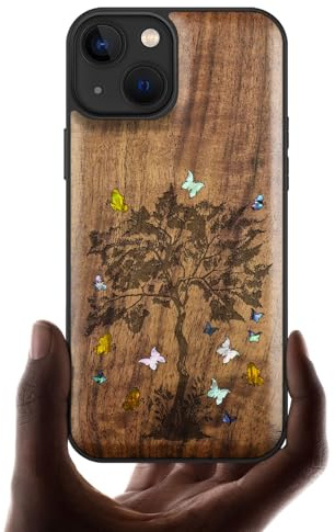 Carveit Holz hülle für iPhone 13（Nussbaum-Der Zentangle） | Magnetisch Handyhülle [Holzgravur & Muschel Inlay] Stoßstange Cover kompatibel Magsafe mit iPhone 13 Case