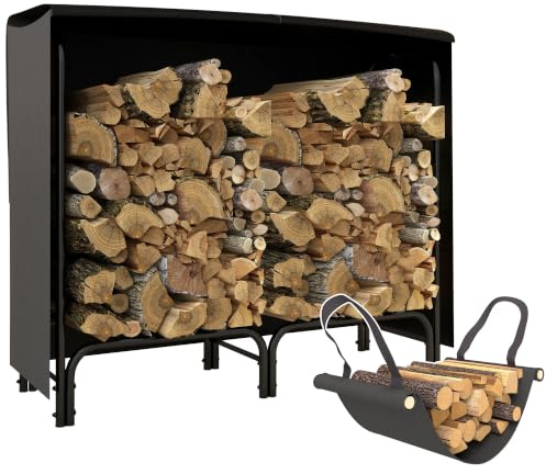 Outsunny Kaminholzregal 120 x 36 x 99cm Metall Holzregal mit Schutzhülle wasserdichter Abdeckung Outdoor Feuerholzregal bis 150kg Kamin Holzlager für Brennholz, Brennholzregal für Garten Außen Schwarz