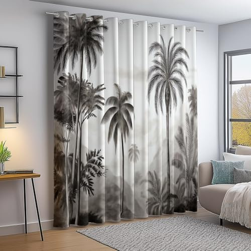 100% Rideau occultant Thermiques Rétro Brume Palmiers, 2 Pièces L117×H230 cm, Rideau Thermique Isolant Anti Froid et Chaleur Tenture Opaque à Oeillets Lumiere Anti UV, Noir Blanc
