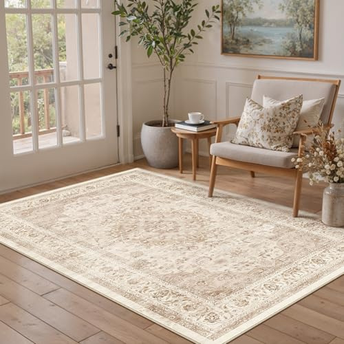 PureCozy Beige Teppich Wohnzimmer 120x170cm Vintage Waschbarer Tepich | Rutschfest Kurzflor,Weich Teppiche,Wohnzimmerteppich,Schlafzimmer,Esszimmer,Büro,Kinderzimmer