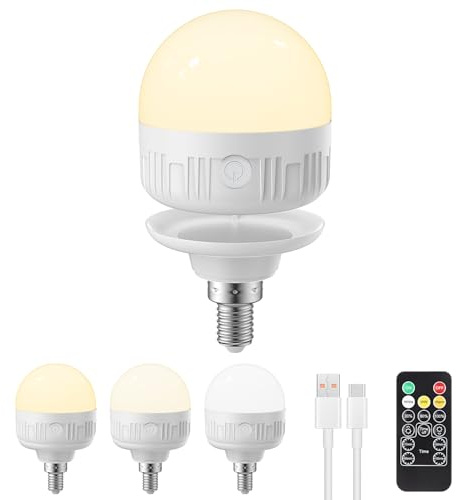 LGMCF E14 Rechargeable Light Bulb, 8W, 3 Colors, Timer, Dimmable, 1 Pack | Remote Control, Magnetic Base, Battery Powered, Portable, LED Light Bulb, Detachable Charger for Non-Hardwired Lamps