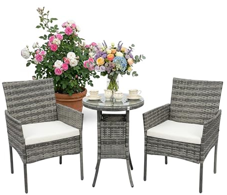 Relaxdays Gartenmöbel Set, 3-TLG. Rattan Sitzgruppe, 2 Personen, 2X Sessel & Glastisch, Loungemöbel, Outdoor, grau