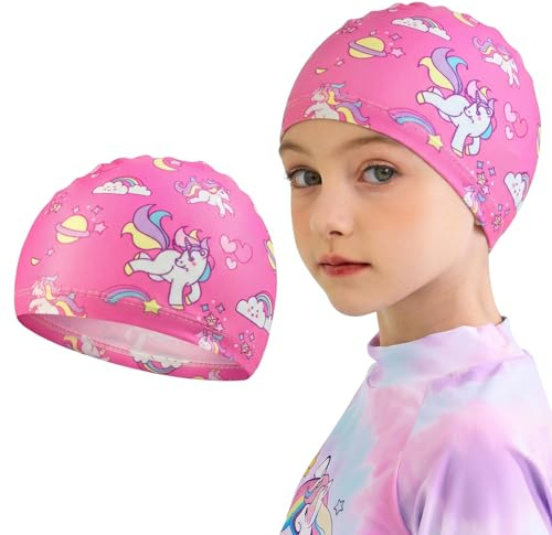 Gorro Piscina Niña y Bebé de Poliamida, Gorro Natación Infantil con Diseño de Caballo Arcoíris, Gorro de Baño Elástico y Cómodo para Clases de Natación y Playa, Suave y Transpirable