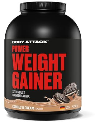 Body Attack Weight Gainer - Cookies N Cream - 4,75 kg - Dein Mass Gainer für Masseaufbau & Muskelaufbau - Mit Whey Protein, BCAA und Kohlenhydraten - Dein fettarmer Masse Shake