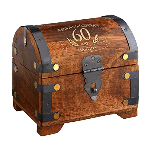 Casa Vivente Schatztruhe mit Gravur zum 60. Geburtstag, Personalisiert mit Namen, Aufbewahrungsbox aus dunklem Holz, Verpackung für Geld und Gutscheine, Geschenkidee für Männer und Frauen