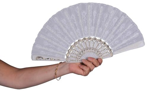 P'TIT Clown - 62453 - Éventail Pliable Brodé - Accessoire de Déguisement - Nouvel an, Chinois, Japon, Asie, pour Carnaval, Fêtes à Thèmes, Costumées, Cosplay, Manga, Halloween - Blanc - Ø 45 cm