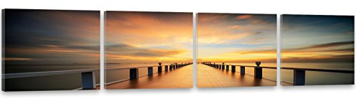 Feeby Frames, Leinwandbild, Bilder, Wand Bild - 4 Teile - Panoramabild, Wandbilder, Kunstdruck 50x200 cm, STEG, MEER, WASSER, SONNENUNTERGANG, AUSSICHT, LANDSCHAFT, BRAUN, ORANGE