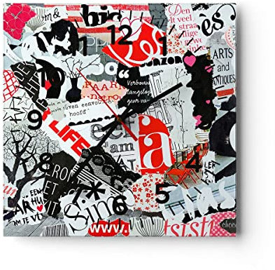 Modern Wanduhr Worte Muster Herzen Magazin 30x30cm Quadrat Klein Wand Uhr Glas Analog Zimmeruhren Küche Büro Wohnzimmer Glasuhr Wall Clock Dekoration Design Wanddekoration Küchenuhr C4AC30x30-3207
