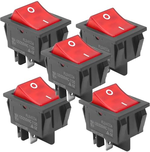WITTKOWARE 5 Stück Kontroll-Wippenschalter, Einbaumaße 30x22mm, Snap-In, 2-polig, EIN/AUS, 16A/250V~, LED-Beleuchtung, rot