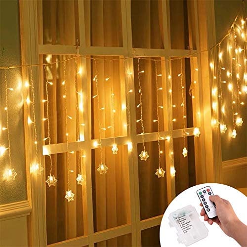 Klighten Tenda Luci LED, Luci cascata, Strisce LED, 96er Led Luci 3.5*0.65m Telecomando, Alimentato da Batteria, Impermeabili IP44, per finestra, porta, patio, giardino, feste, Natale (Bianco Caldo)