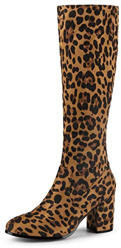 Allegra K Stivali alti al ginocchio, da donna, con cerniera laterale, tacco grosso, Leopardati, 39 EU