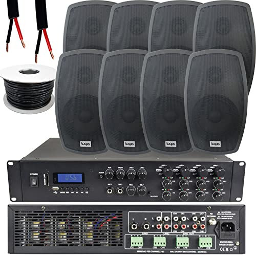 1600W LOUD Outdoor Bluetooth Sound System | 8x 140W Black Speaker | 8 Channel / Zone Matrix HiFi Mixer Amplifier Amp Kit | Weatherproof Garden Party Event Audio | Powerful Wireless Music | Echo Alexa