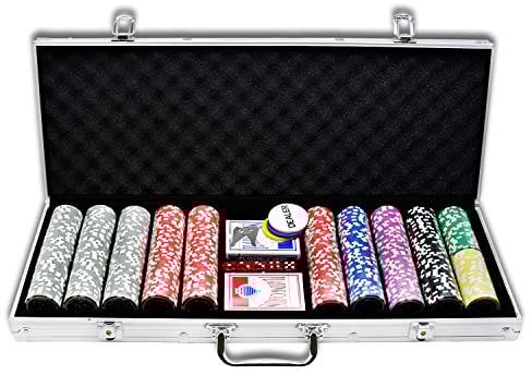 LZQ Pokerkoffer 500 Chips Texas Hold'em Poker Chips mit Silber Alumium Case Blackjack Gambing mit Carying Case und Casino Chips 2 Kartenspiele Dealer Small Blind Big Blind Buttons und 5 Würfel