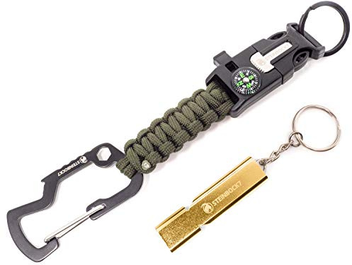 Steinbock7 Großglockner 5-in-1 Paracord-Schlüsselanhänger, Multi-Tool mit Karabiner, Flaschenöffner, Schraubwerkzeuge, Kompass, Notfallpfeife, Feuerstahl & Schaber