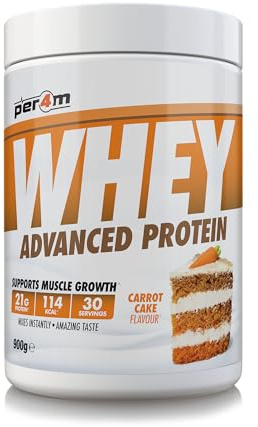 Per4m Whey Protein, Molkenprotein mit vollem Aminosäureprofil, unterstützt Muskelaufbau & Regeneration, reich an essentiellen Aminosäuren, für Sportler nach dem Training – Karottenkuchen – 900g