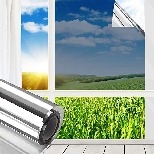 MUHOO Pellicola per Vetri a Specchio, Anti-99% UV Pellicola Oscurante per Finestre Adesivo, Pellicola Antisolare, Adatto a Casa e Ufficio - 60 x 200 cm, Argento