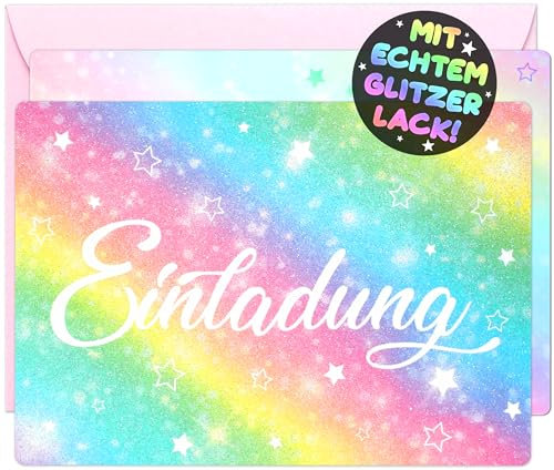 VULAVA 12x GLITZER Regenbogen EINLADUNGSKARTEN KINDERGEBURTSTAG Mädchen Junge + 12x Umschläge - die Rainbow PARTY Karten sind die Regenbogen EINLADUNG für Mädchen Kinder GEBURTSTAG Einladung