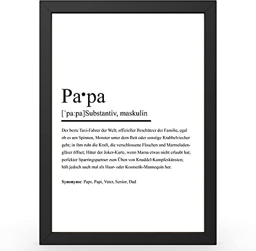 Urhome Kunstdruck Definition Papa in DIN A3 A4 A5 optional mit Rahmen Schwarz Weiß - Worterklärung wie im Duden als Wanddeko Poster Deko Wandbild mit Spruch für Wohnung Familie Geschenk