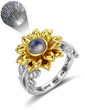 SLIACETE 925 Silber Sonnenblume Ring mit Ich liebe dich 100 Sprachen Stein Du bist mein Sonnenschein-Blumenring-Geschenk für Frauen Mädchen 54