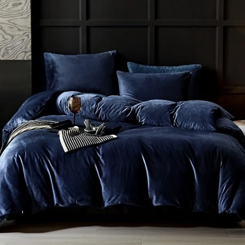 Lanqinglv Bettwäsche 200x200cm Biber Plüsch Dunkelblau Flauschige Wendebettwäsche Warme Winter Fleece Deckenbezug Doppelbett Bettbezug mit Reißverschluss und 2 Kissenbezug 80x80cm