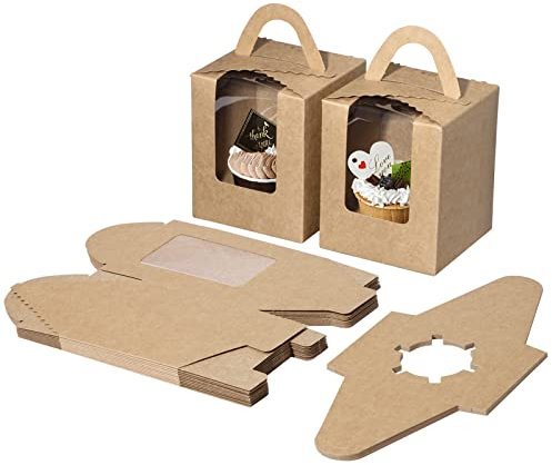 Jeesblsy Cupcake-Boxen, Muffin Behälter mit Einsätzen, Sichtfenster und Griff, Braun Karton Geschenk Boxen Pappe für Verpackung Kekse, Kuchen, Dessert, Dekorieren und Transportbox, 12 Stück