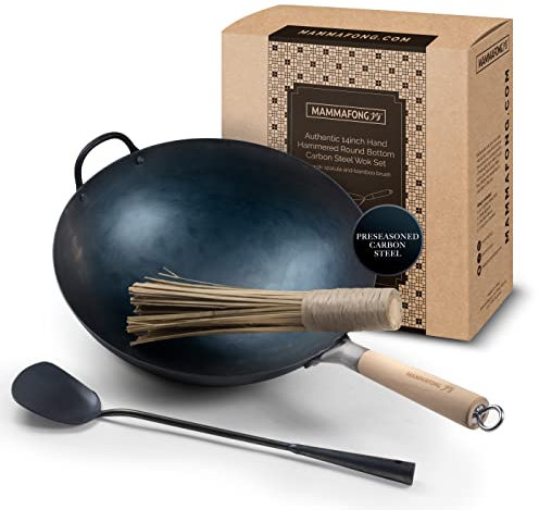 Mammafong Ensemble de wok traditionnel martelé à la main avec fond rond en acier au carbone et spatule de wok et brosse en bambou (ensemble de wok pré-assaisonné)