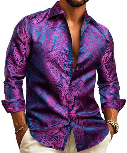 Barry.Wang Men Dress Shirt Silk Luxury Paisley Floral Long Sleeve Big and Tall Wedding Party Casual Business Formal Shirts Purple S-3XL