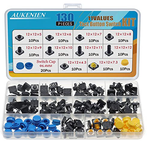 AUKENIEN 12 Values 130pcs Momentary Tactile Push Button Switch Assortment Kit 12MM x 12MM 4 Pin Micro Tact Buttons Circuit Switches and Pushbutton Cap