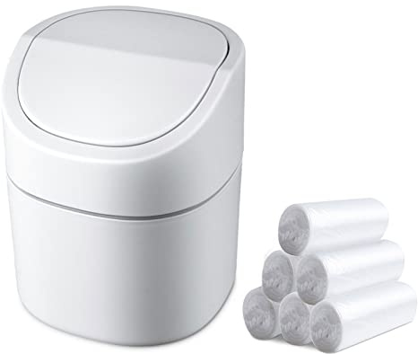 Business King Mini Desk Trash Can with Lid with Trash Bags 180 Pcs Swing-Lid Tiny Countertop Garbage Bin Small Table Top Plastic Covered Waste Basket