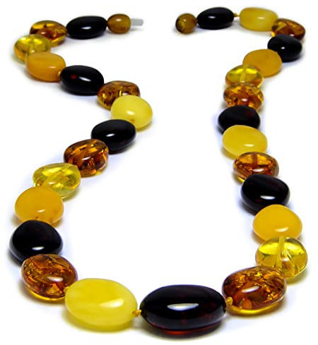 Laboratorio Italiano del Gioiello Echte Bernsteinkette Damen - Baltischer Natur Bernstein - Flache Rund Steine - Cognac-Zitrone-Kirsche-Butterscotch Farbe (50cm 30gr)