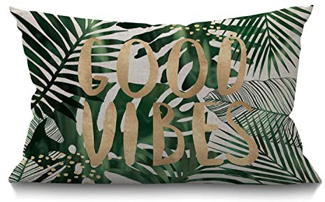 BGBDEIA Palm Leaf Cushion Cover 12x20 Inch Good Vibes Word Palm Tree Tropical Jungle Leaves Rectangle Pillow Cases Home Decorative Cotton Linen Throw Pillow Cover for Bed Sofa Green 30 x 50 cm