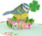 MOKIO® Pop-Up Karte – Vogel mit Kleeblatt und Blumen – 3D Geschenkkarte zum Geburtstag, zur Prüfung oder Genesung, Viel Glück Grußkarte mit Glücksklee