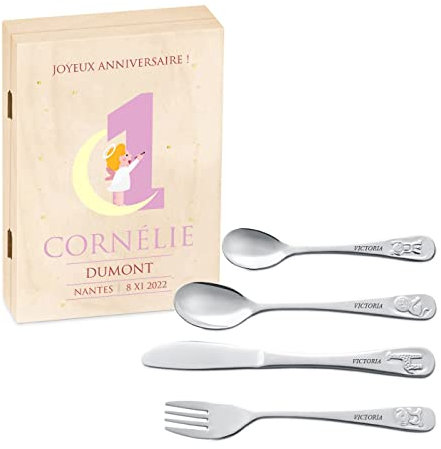 Maverton Set de Couverts De Table Bebe 1 An personnalisé dans boîte en bois imprimée - Couvert Enfant Inox Animal - Cadeau Enfant 1 an anniversaire - Cadeaux bébé - Coutellerie gravée - LUNE