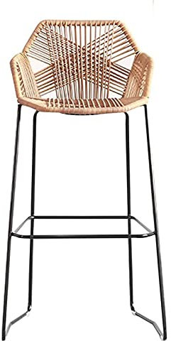 ERNP Esszimmerstuhl aus Rattan, Barhocker, Barhocker aus Korbgeflecht mit Fußstütze, hoher Barhocker mit schwarzem Metallsockel für die Theke in der Küche, Pub, Café