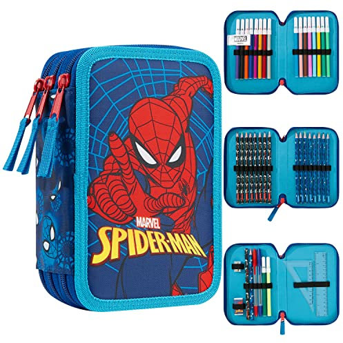 Marvel Federmäppchen Kinder Federtasche Junge Gefüllt Schulmäppchen Fächer Pencil Case Federmäppchen Jungen Schulmäppchen Federpenal Etui Spiderman Avengers Einschulung Junge (Spiderman Triple Zip)