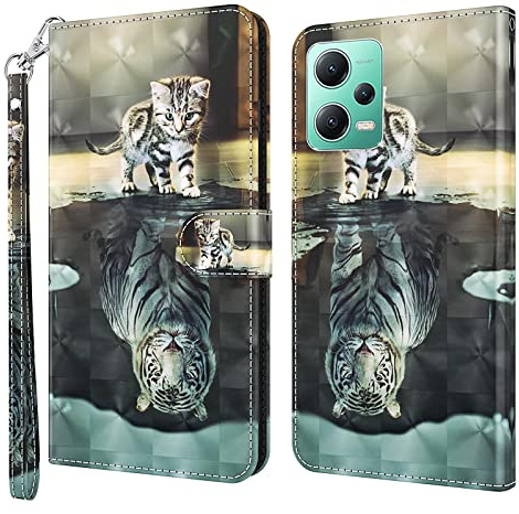 GLANDOTU Handyhülle für Xiaomi Redmi Note 12 5G Lederhülle mit Standfunktion und Magnet Stoßfeste Premium Flip PU Leder Cover Case Klapphülle Schutzhülle - Katze & Tiger