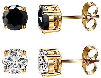 Yulovee 9ct Gold Stud Earrings for Women,2 Pairs Stud Earrings with Black White Crystals.