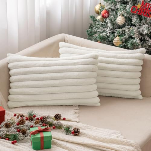MIULEE Plüsch Samt Kissenbezug Kissenbezüge Kunstpelz Weich Moderne Sofakissen Dekokissen Glatter Reißverschluss Waschbar Deko Kissenhülle für Wohnzimmer Sofa 2er Set 30x50 cm Reines Weiß
