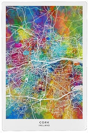 artboxONE Metall-Poster 30x45 cm Städte Stadtplan von Cork, Irland, Farbe von Künstler Michael Tompsett