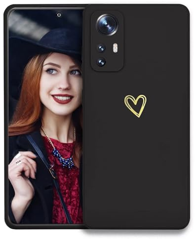 POUHYE Cover per Xiaomi 12 Pro Custodia Originale, Gomma Gel di Silicone Liquida Cover con Protezione Fotocamera, Morbida Sottile e Antiurto AntiGraffio Case con Motivo a Amore Cuore Nero