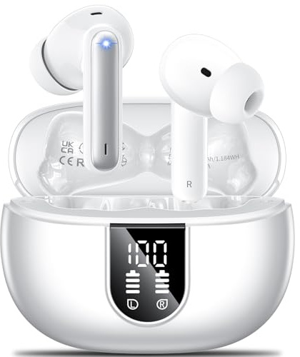 Wireless Earbuds, 2024 Wireless Headphones HiFi Stereo Earphones with 4 ENC Noise Canceling Mic, 42Hs Playtime In Ear Earbud, Bluetooth 5.3 Sport Earphones with LED Power Display for Android iOS White