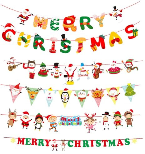 Treer 5 Pack Bannière Joyeux Noël, 3M Deco Noel Porte Entree Exterieur Decoration Porte Noel pour La Décoration de Fête de Noël,Nouvel an,Fête,DIY Décoration (Style D)